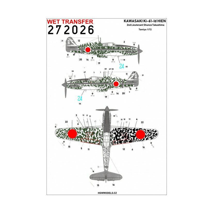 HGW 1/72 Wet Transfers Ki-61-Id Camouflage Shunzo Takashima -Tamiya - 272026 HGW 1/72 Wet Transfers Ki-61-Id Camouflage Shunzo Takashima -Tamiya - 272026